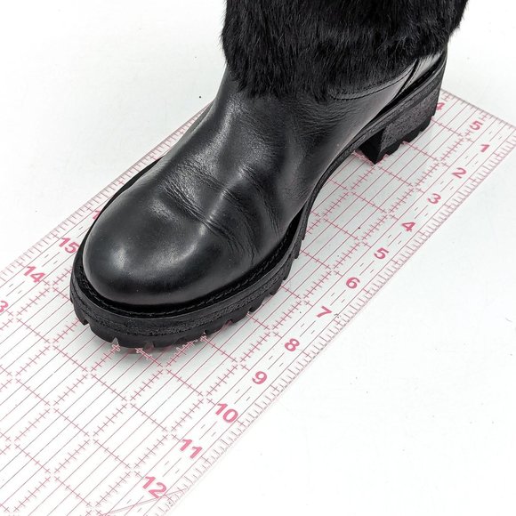 Tory Burch Women Joni Fur Cuff Buckle Logo Black Leather Mid Calf Boots size 7 - Picture 7 of 12